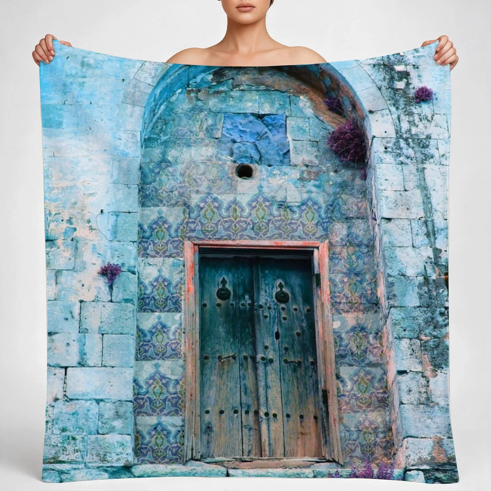 Vintage Arabic Blue Door Throw Blanket couch cozy soft plush fuzzy picnic outdoor blanket