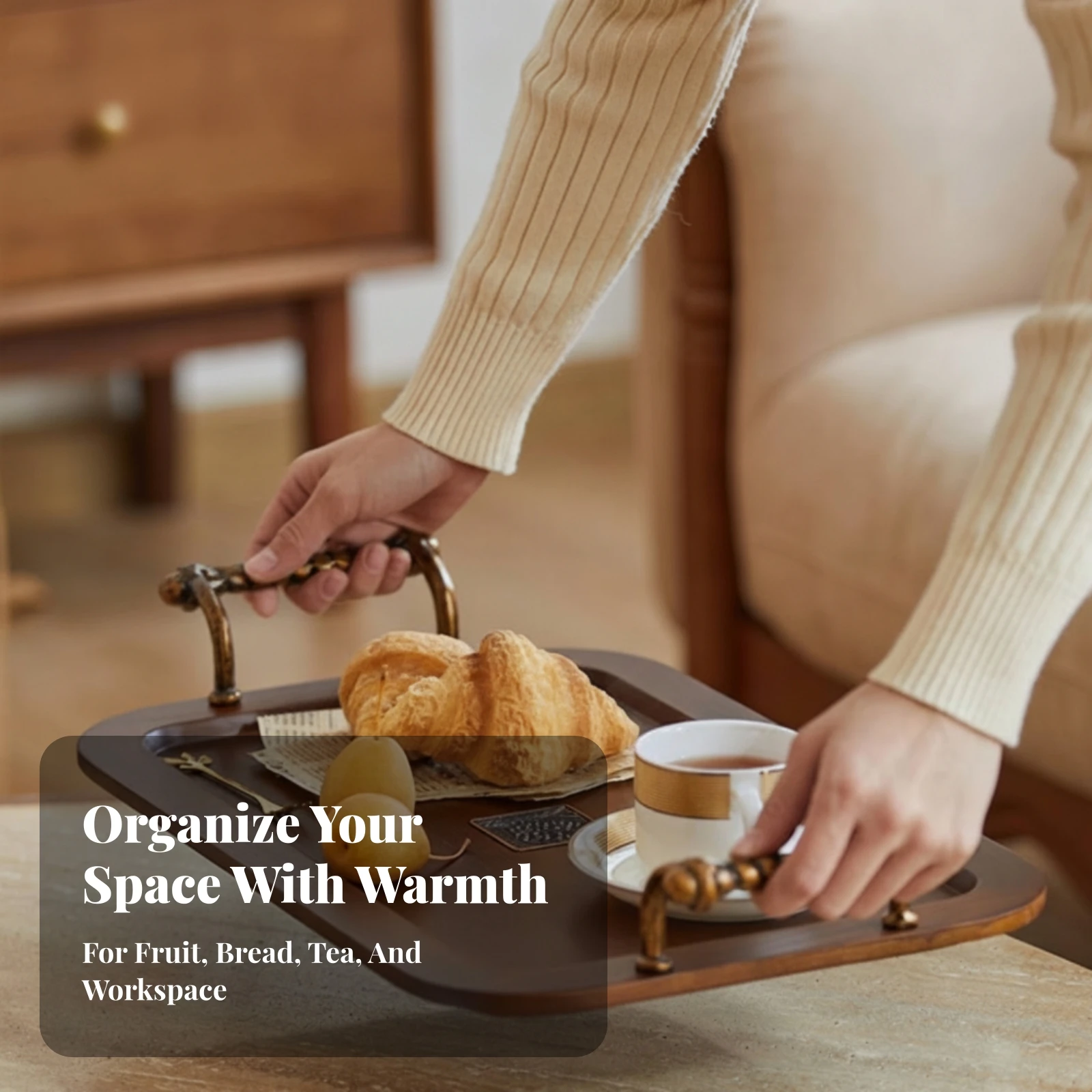 Rectangular Wood Tray with Handles Versatile Serving Tray with Handles Large Elegant for Entertaining, Afternoon Tea