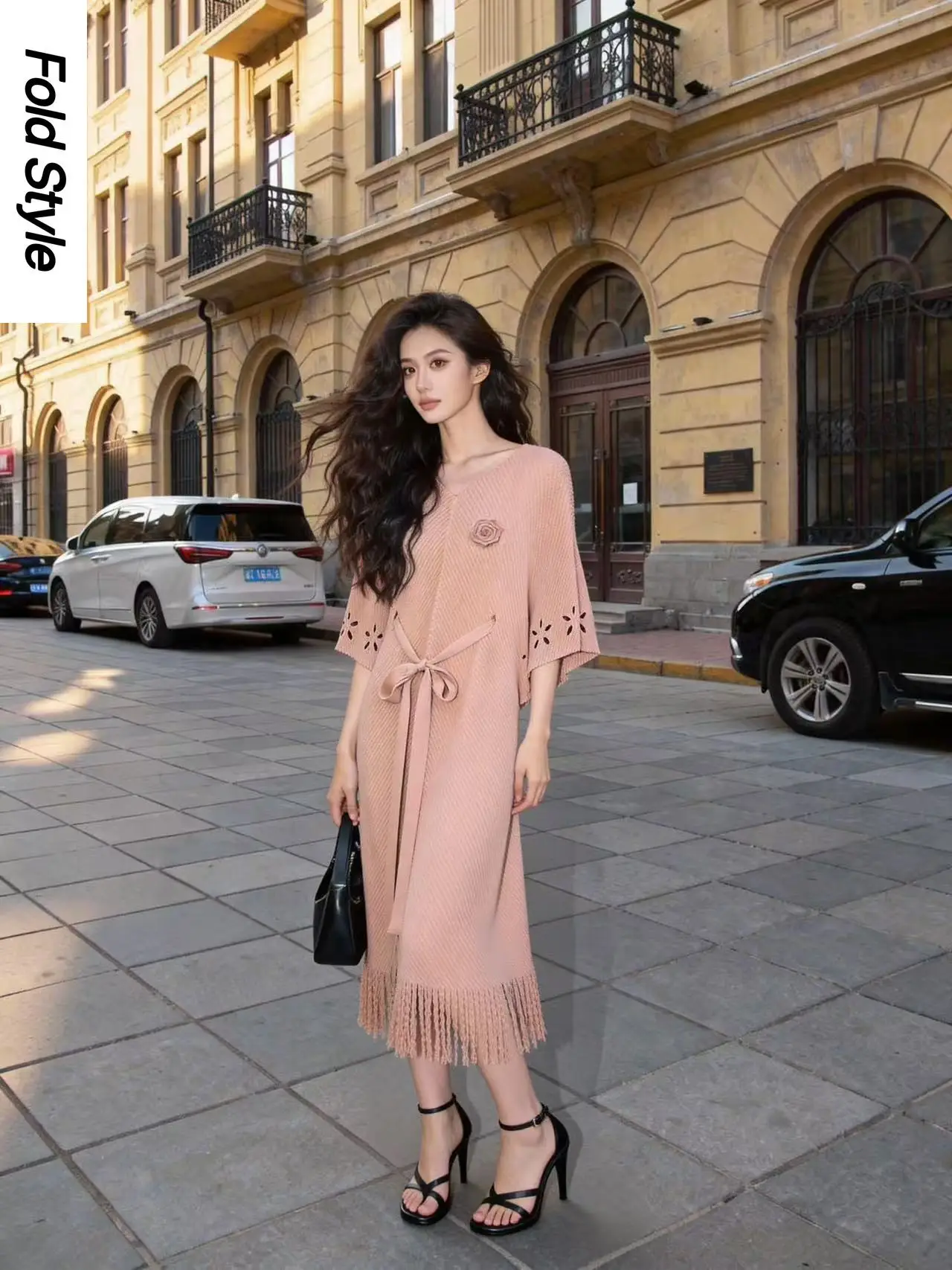 

Spring 2026 New Pleated Waist Lace-up Dress with Rose Brooch Fringe Women's Long Dress Clothing