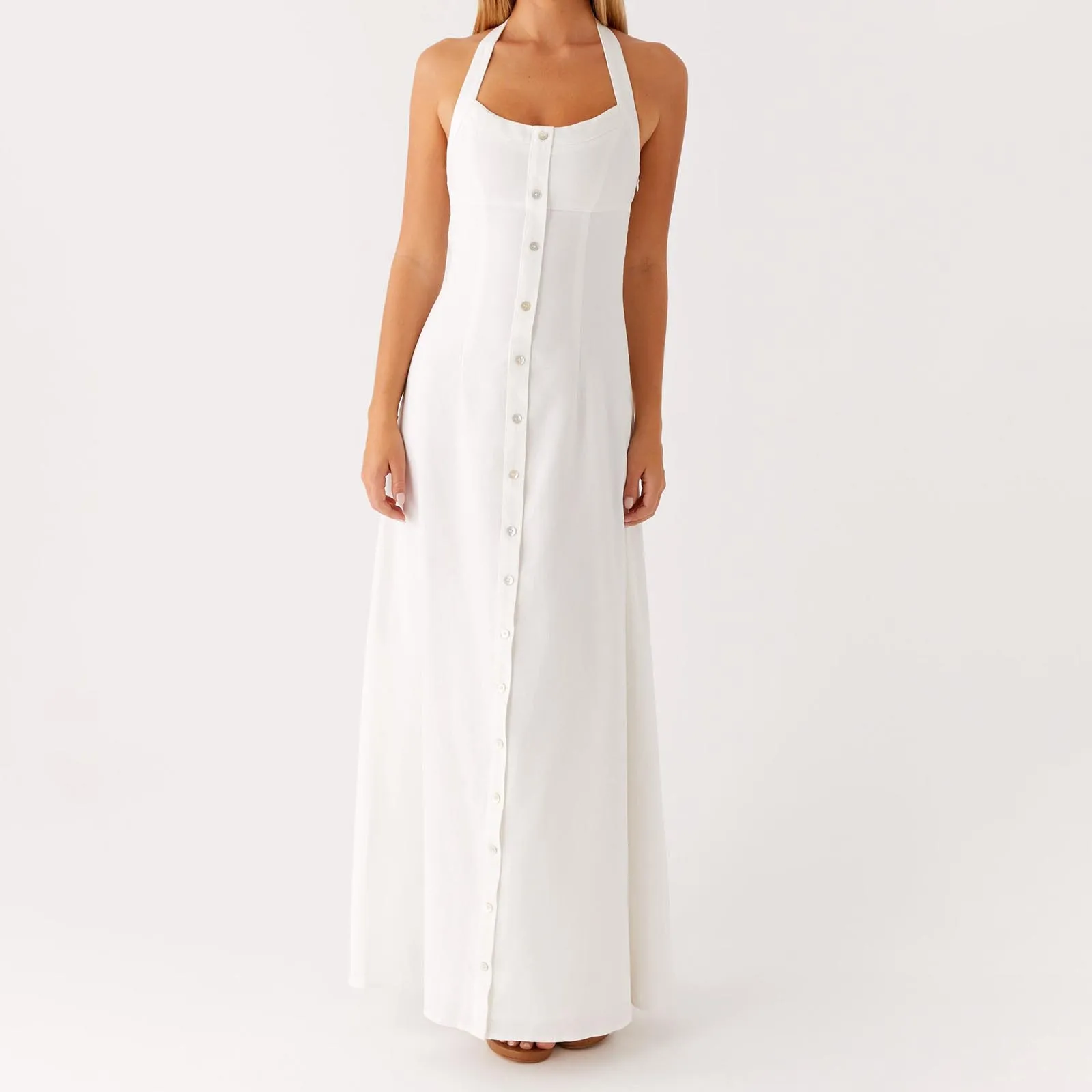 Długa sukienka damska z dekoltem typu halter, bez pleców, zapinana na guziki, sukienka koktajlowa na wakacje na plaży, letnia impreza, do noszenia na co dzień, na zewnątrz.