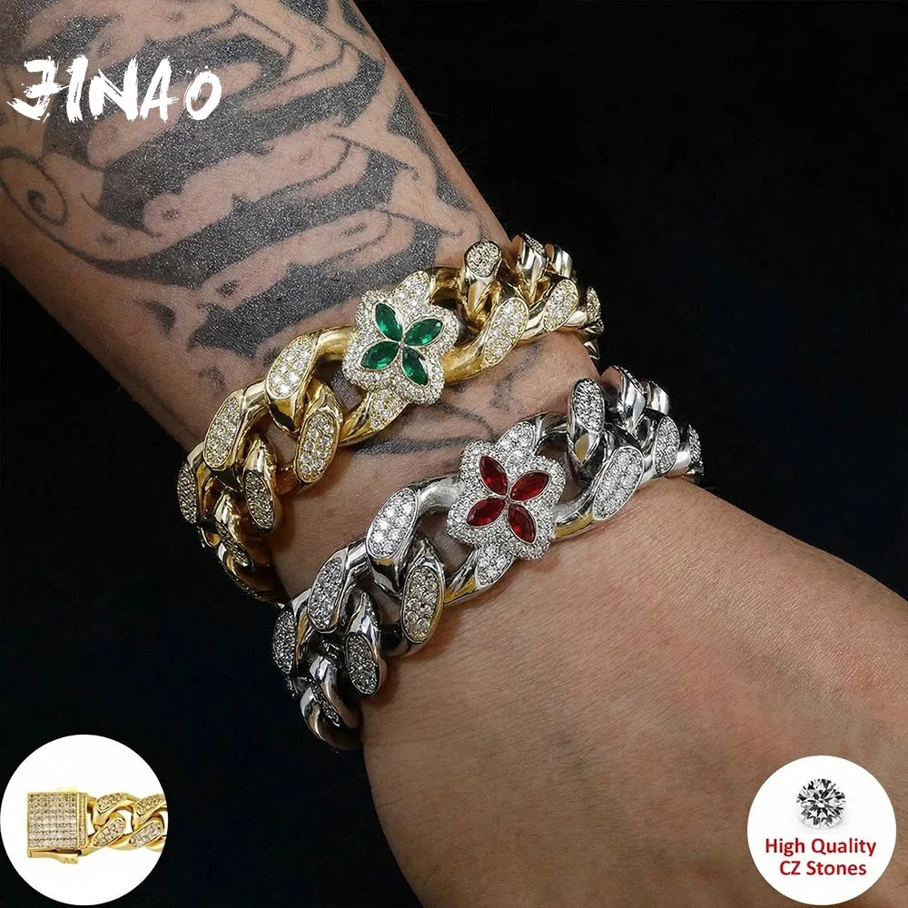 JINAO New Hip Hop 20MM Green Red CZ Lucky Clover Heavy Cuban Bracelet Full iced Out 5A CZ stone Luxury Star Chain for man gift