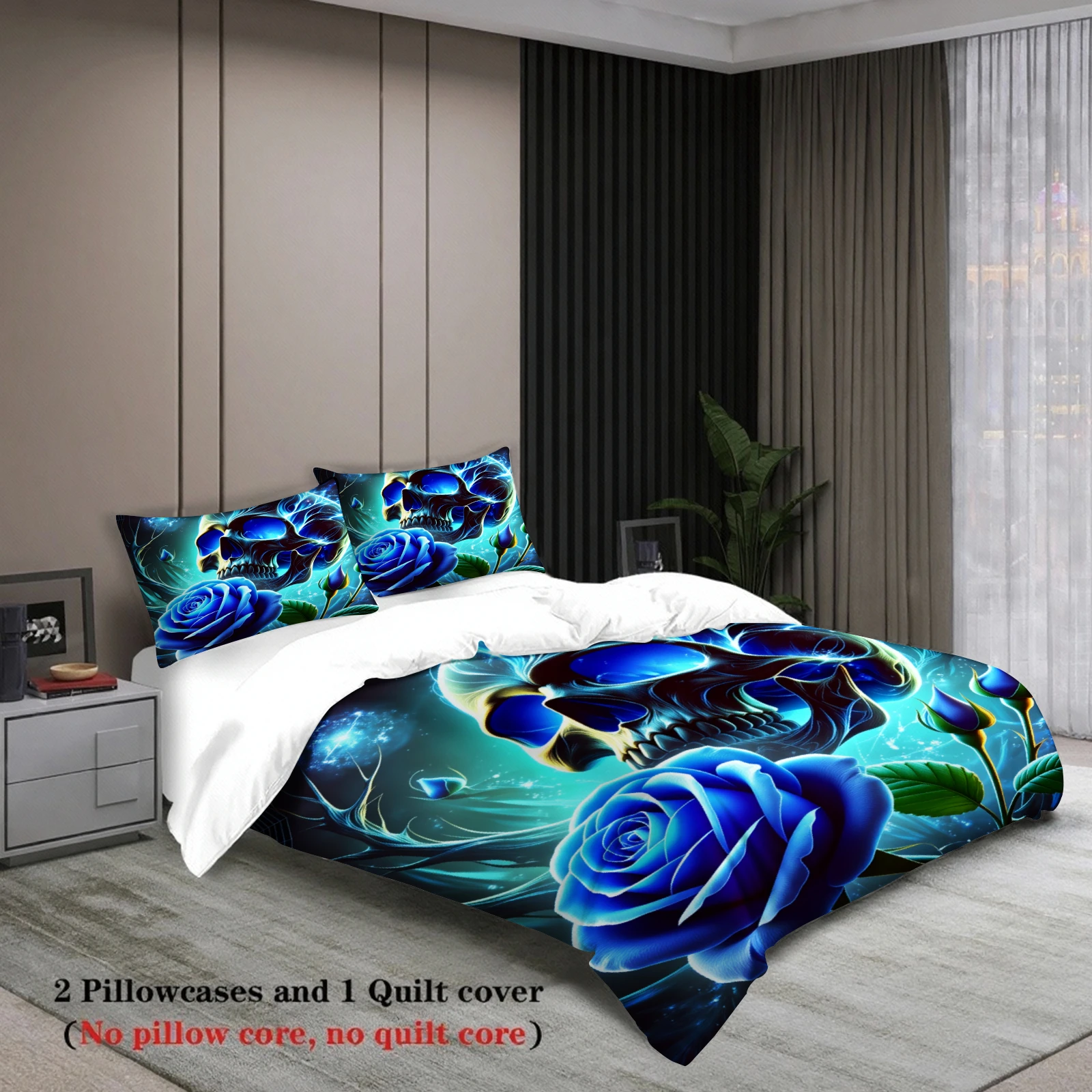 3pcs Skull And Rose Bedding Sets 3D Printed Blue Flame Skull And Rose Duvet Cover Sets With Pillowcases No Filling