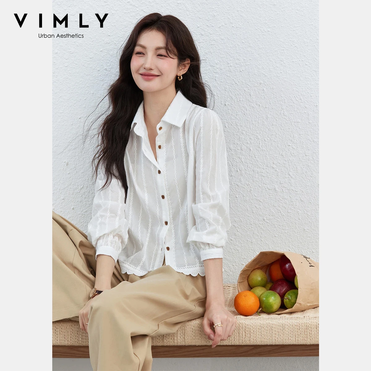 

VIMLY Women's White Minimalist Blouse 2026 Spring New Cotton Lapel Collar Lace Trimmed Vertical Stripe Casual Daily Shirt 30808