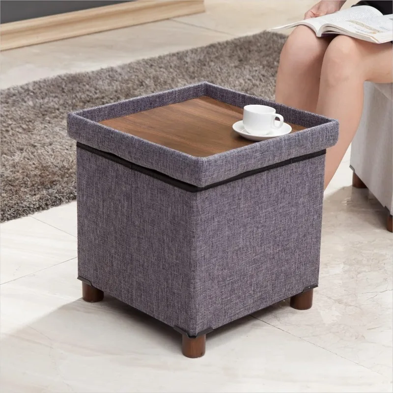 Ottoman with Wooden Legs Cube Foot Rest Stool, Square Footstool Storage, Foldable Fabric Ottoman, Comfortable Seat with Lid