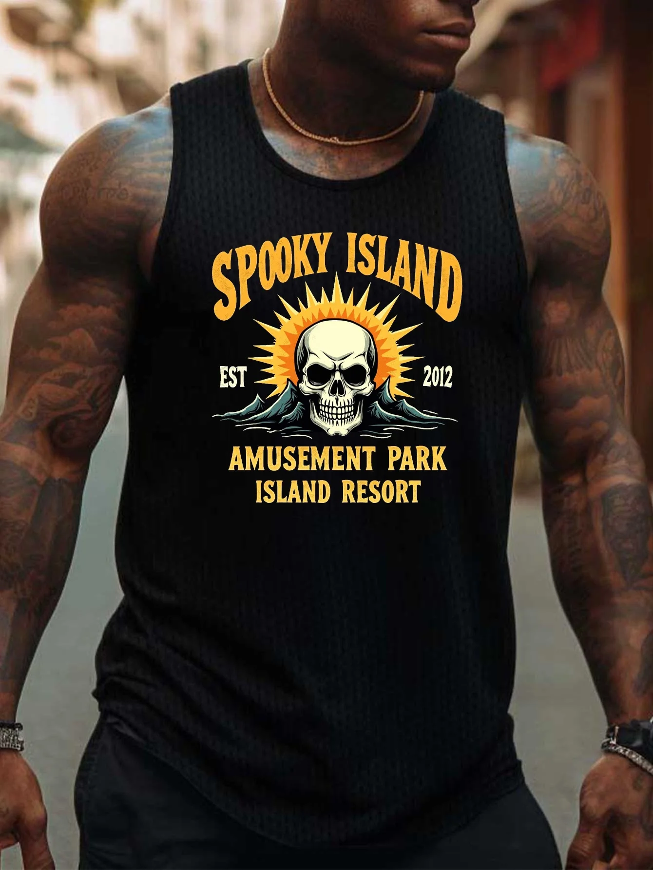 

Men's Ghost Island Skull Sunprint T-Shirt - Breathable sleeveless sports shirt with tropical skull design