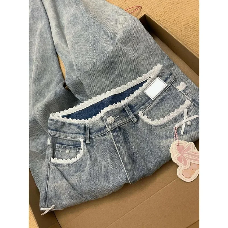 Deeptown Vintage Süße Bogen Jeans Frauen Spitze Y2k Harajuku Koreanische Mode Denim Hosen Baggy Breite Bein Weibliche Hose Herbst Casual