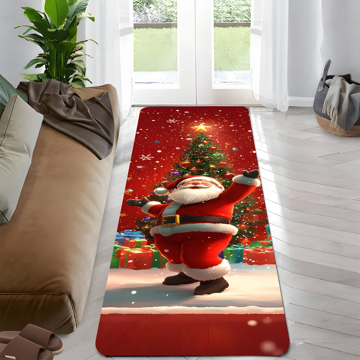 VIKAMA Weihnachtsteppich, festlicher roter Küchenteppich, Fußmatte, Willkommensmatte, Läuferteppich, Winterteppich für Schlafzimmer, warmer Teppich für Wohnzimmer
