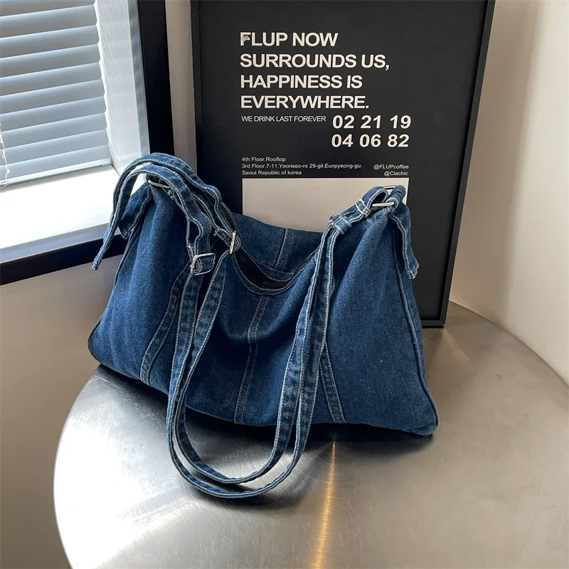 Large Capacity Sewing Thread Denim Zipper Solid Crossbody Bags 2024 High Quality Basic Style Fashion Shoulder Bags for Women