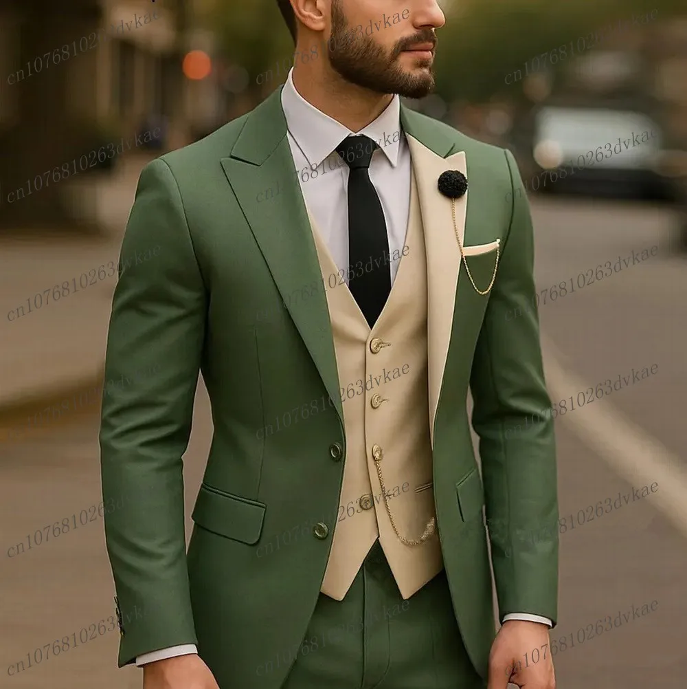 

Новый зеленый и бежевый мужской костюм для свадебной вечеринки, формальный жених, жених, выпускного вечера, деловые мужские смокинги, комплект из 3 предметов, куртка, жилет, брюки
