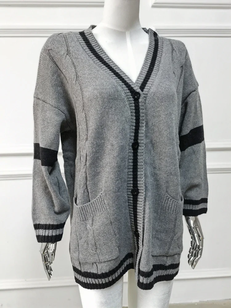 Long Sleeve V Neck Preppy Style Knit Sweater Women Autumn Single Breasted Cotton Warm Cardigan Patchwork Grey Long Sweaters Coat