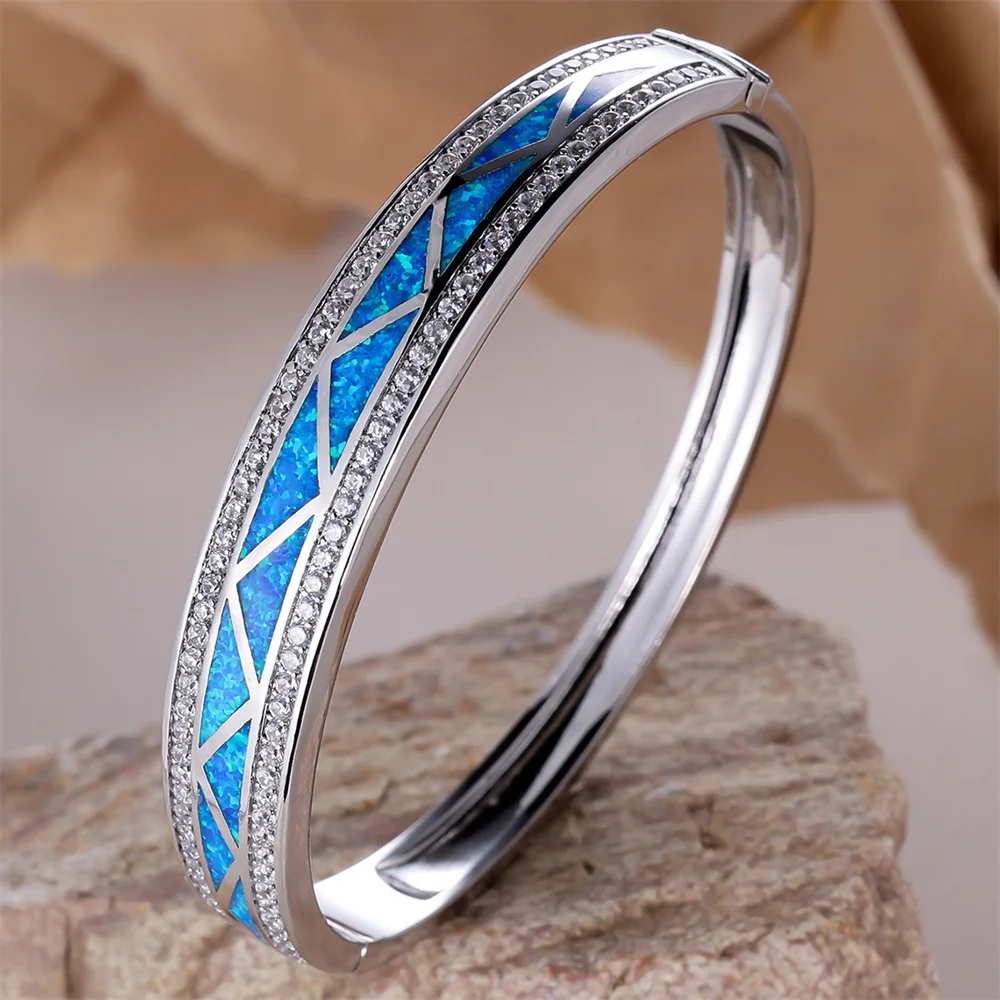 Blue Fire Opal Bangle Triangle Stone Bracelets For Women Vintage Fashion Silver Color Wedding Jewelry Engagement Accessory Gifts