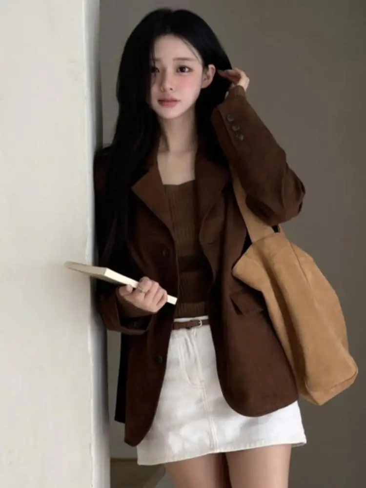 

French Retro Brown Single Breasted Long Sleeve Blazer Jacket Autumn Winter Office Lady Chic Short Coat For Women 2025 Streetwear