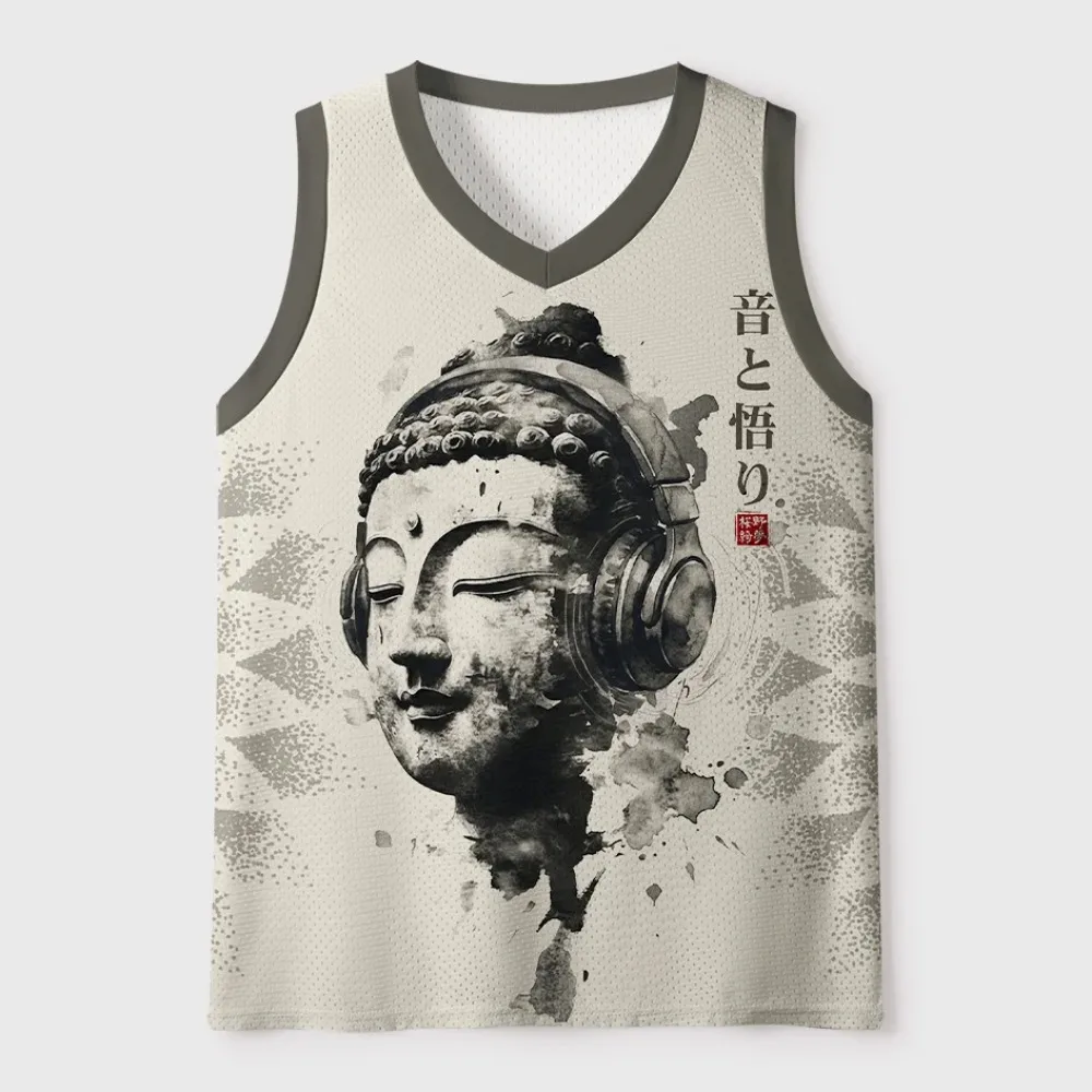 Wearing Headphones DJ Buddha Pattern 3D Printing Men's  V-Neck Vests Casual Outdoor Sports Breathable Quick-Drying Hip-hop Cloth