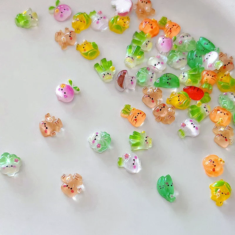 20 pezzi di accessori per nail art vegetali trasparenti ghiacciati, mini ciondoli per unghie carini, cavolo, mais, resina, strass per unghie, decorazioni per cartoni animati