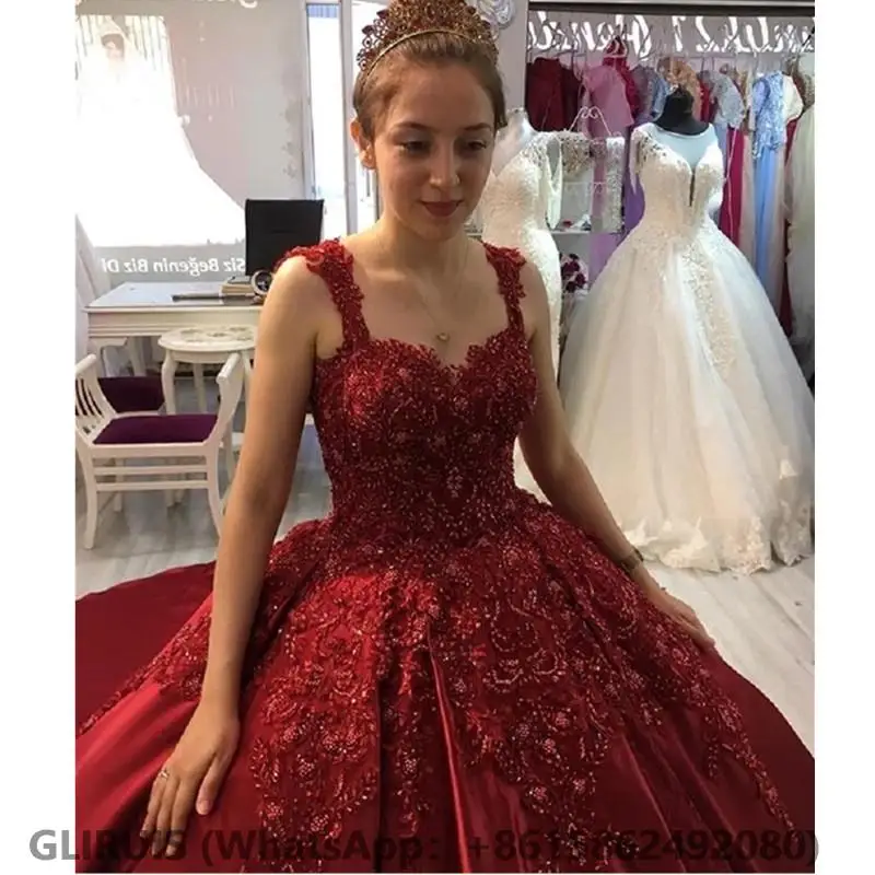 Burgundy Princess Quinceanera Dresses Lace Ball Gown Vestidos DePlunging Sweet 16 Dress Customized