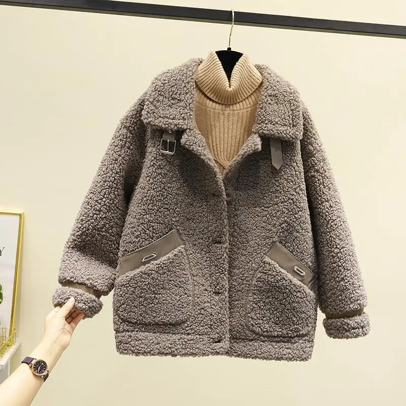 Lamb Plush Fur One-piece Coat for Women Autumn and Winter Korean Style Short Grain Velvet Turn-down Neck Small Jackets