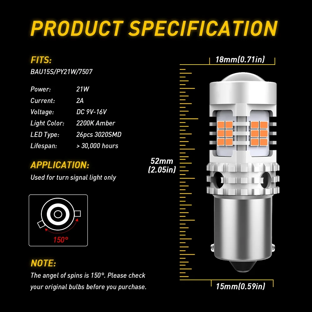 AUXITO 2Pcs BA15S BAU15S 1156 LED Bulb T20 7440 W21W WY21W LED Turn Signal Canbus No Hyper Flash Amber P21W PY21W Light Bulbs