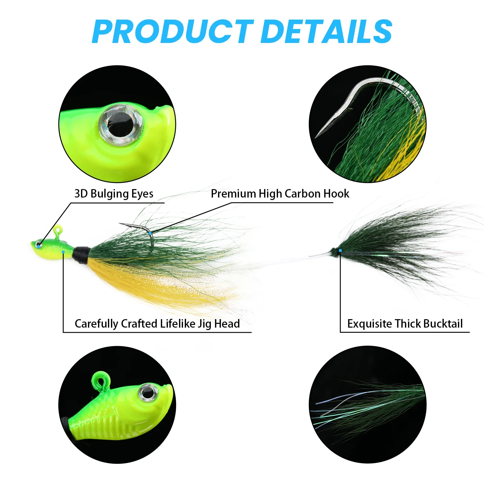 Goture 5pcs/lot Bucktail Jigs Head Hook 3D Eyes Bait 7g 14g 28g 56g Deer Hair Feather Hook Beard Jigging Lure Fishing