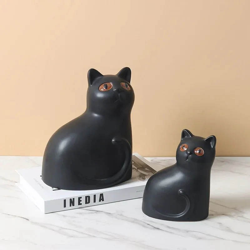 Cute Big Eyed Black Cat Ceramic Ornaments Table Decoration Modern Kitten Sculpture Resin Handicrafts Room Aesthetic Decor