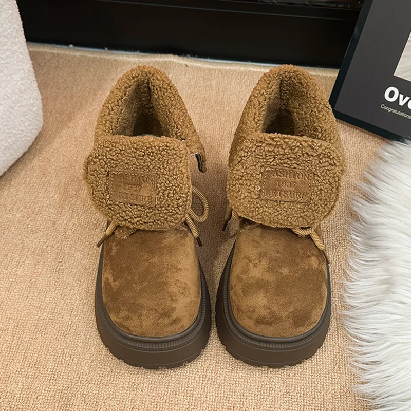 الفراء حذاء من الجلد المرأة عالية الكعب قصيرة أفخم أحذية قطنية دافئة 2025 موضة جديدة أحذية الثلوج الراحة الشتاء الدانتيل يصل Mujer بوتاس