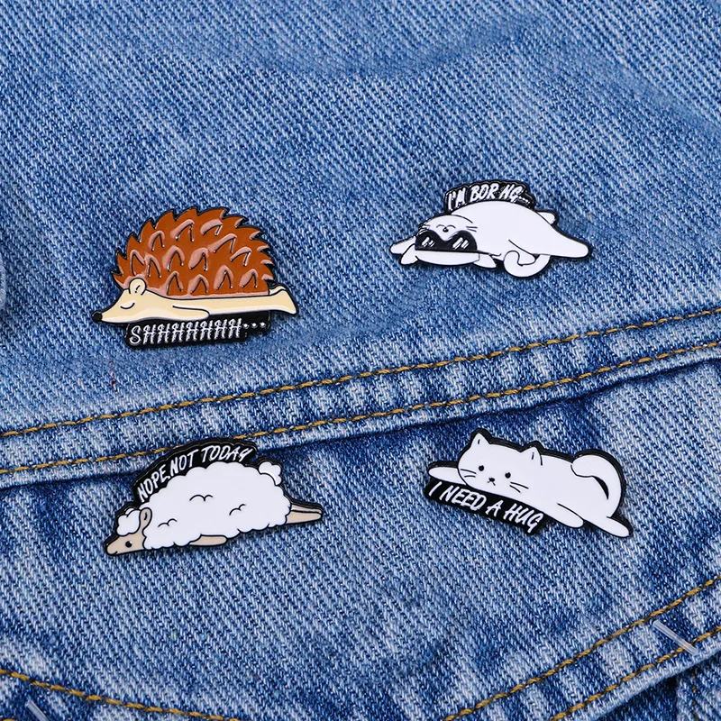 Cute Cartoon Animal Enamel Brooch Creative Hedgehog Cat Sheep Sleeping Shape Lapel Pin Badge Backpack Clothing Hat Accessories