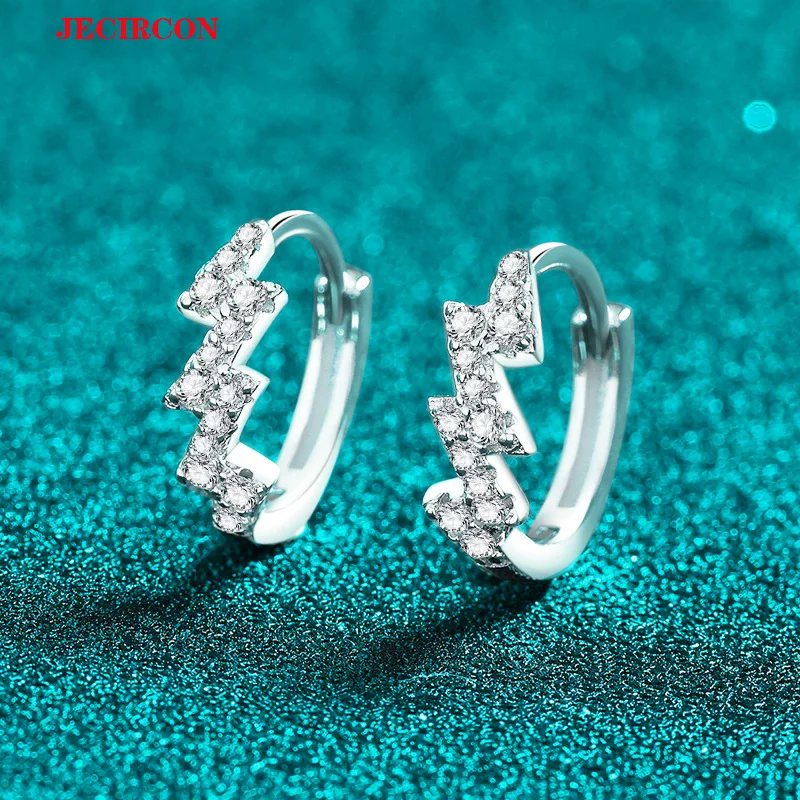 

JECIRCON S925 Sterling Silver Full Moissanite Lightning Hoop Earrings, Fashion Wave Heartbeat Unique Personality Ear Jewelry