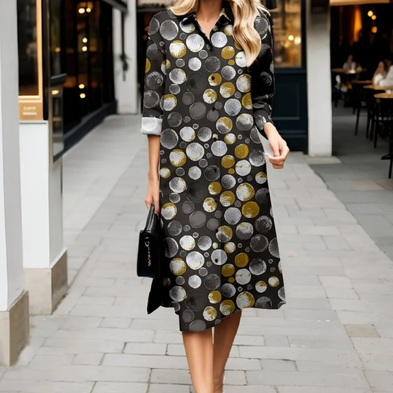 Herbstneuheiten Damenkleider Retro Locker sitzendes Rundhals-Langarm-Hemdkleid Lässiger Pendlerstil Lange Damenkleider