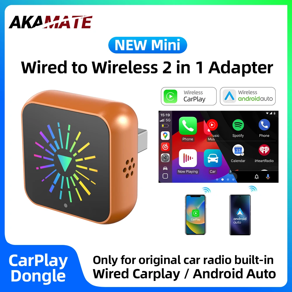 

Новый усовершенствованный адаптер 2-в-1 для CarPlay и Android Auto (проводной в беспроводной), Bluetooth, Wi-Fi, универсальный мультимедийный смарт-адаптер, Plug and Play