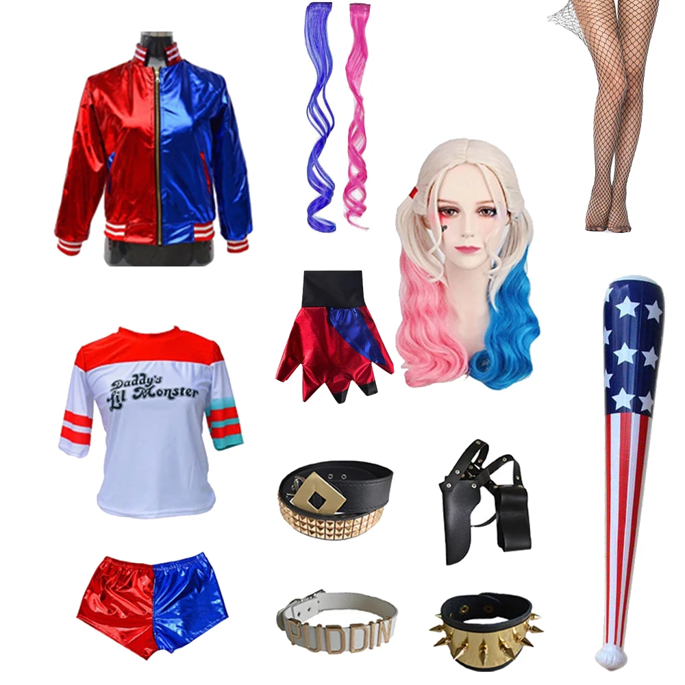 Kinderen Volwassen Suicide Borduren Jas T-shirt Broek Handschoen Cosplay Kostuum Quinns Monster Harlee Clown Halloween Kostuum