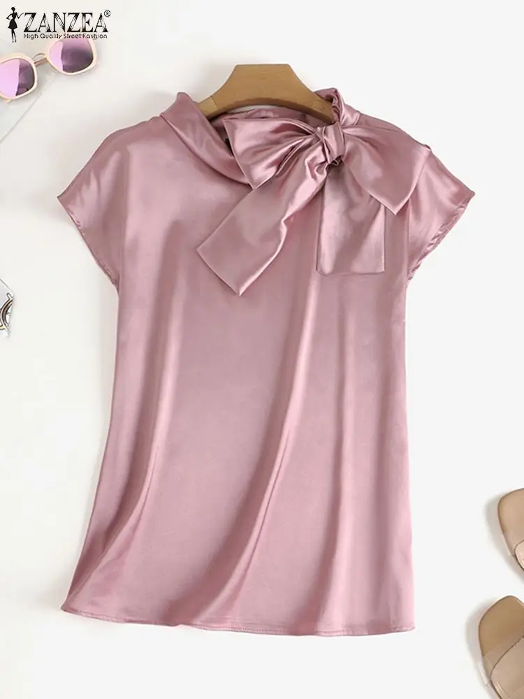 ZANZEA Women Elegant OL Satin Blouses Fashion Office Shirts Casual Short Sleeve Bow Tie Tops Summer Solid Work Blusas Chemise