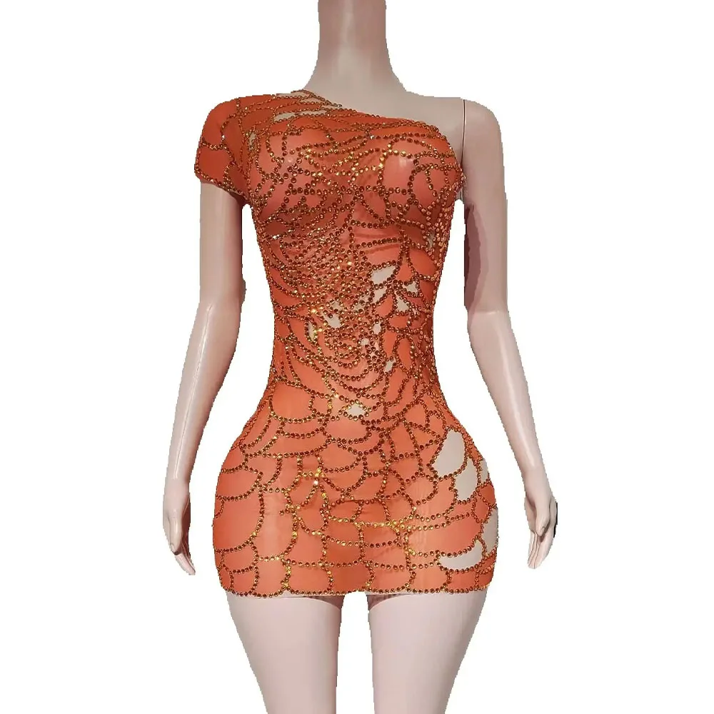 

Women Sexy Shining Rhinestones One Shoulder Cultivation Dress Birthday Celebrate Party Evening Gowns Singer Stage Wear