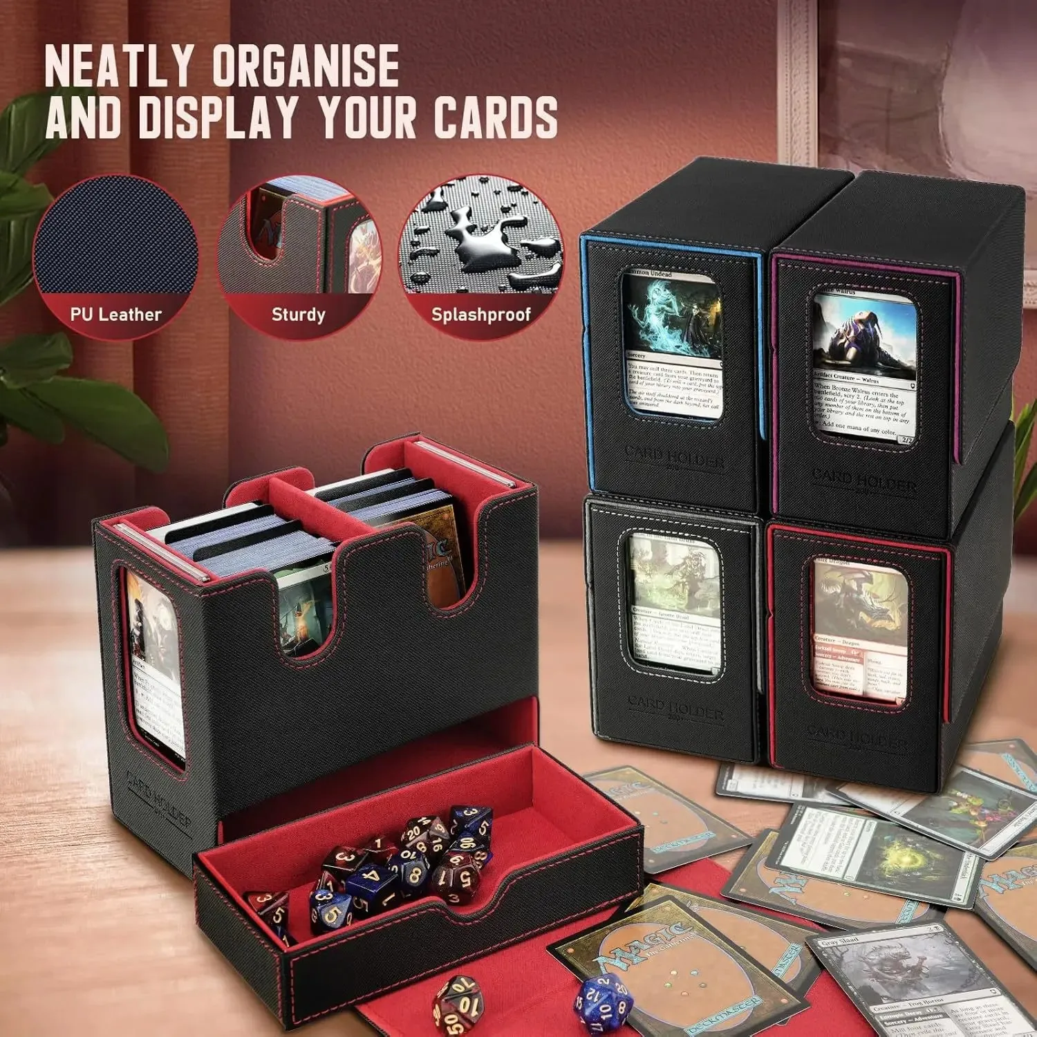 커맨더 디스플레이가 포함된 MTG용 카드 데크 박스 200개 이상의 단일 슬리브 카드용 주사위 트레이가 포함된 3 in 1 스포츠 카드 보관함 TCG용