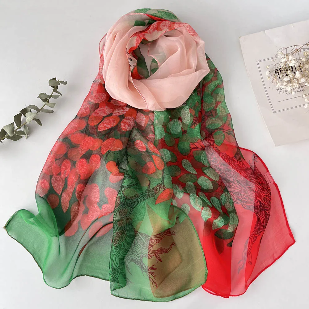 Pretty Gradient Leaves Women Foulard Elegant Chiffon Georgette Bandana Scarf Summer Beach Sun Protection 50*160cm