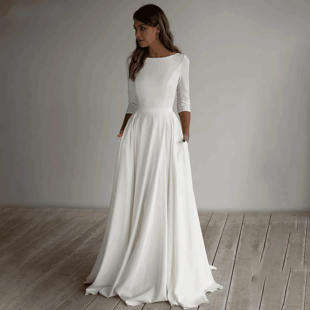 

Simple Scoop Wedding Dresses 3/4 Sleeves Stretch Long Bride Dresses Belt A-Line Bridal Gowns Plus Size