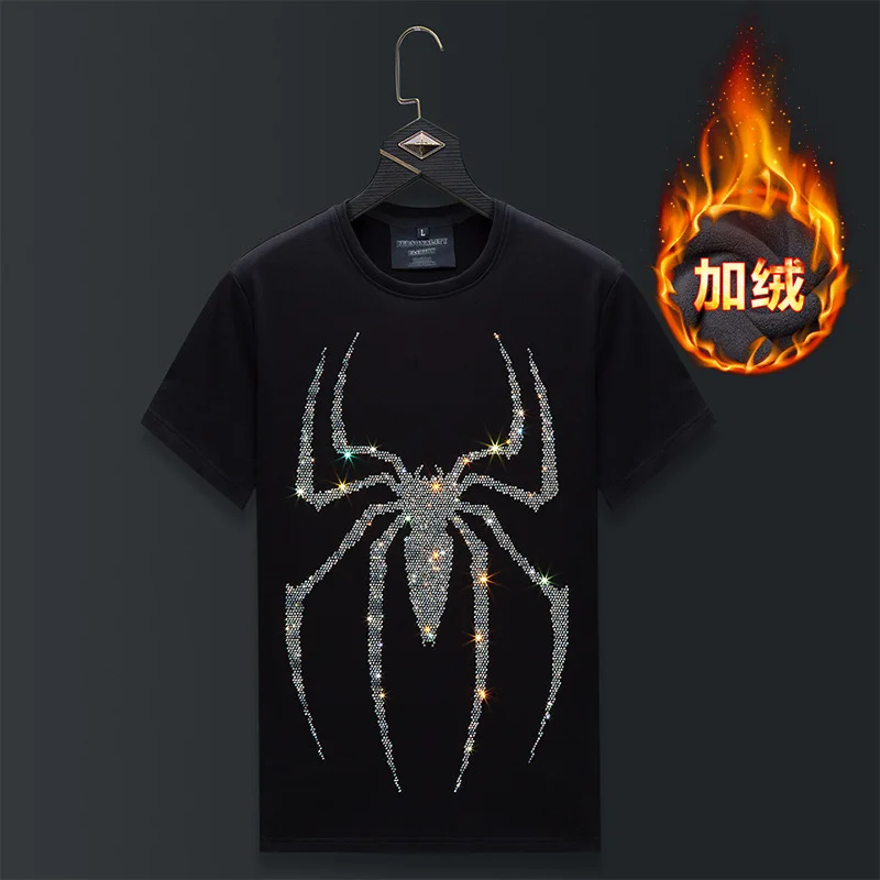 Plus Size Short Sleeve T Shirts Men Winter Velvet Clothes Rhinestones Streetwear O Neck Thick Heat Tshirts Camiseta Masculina