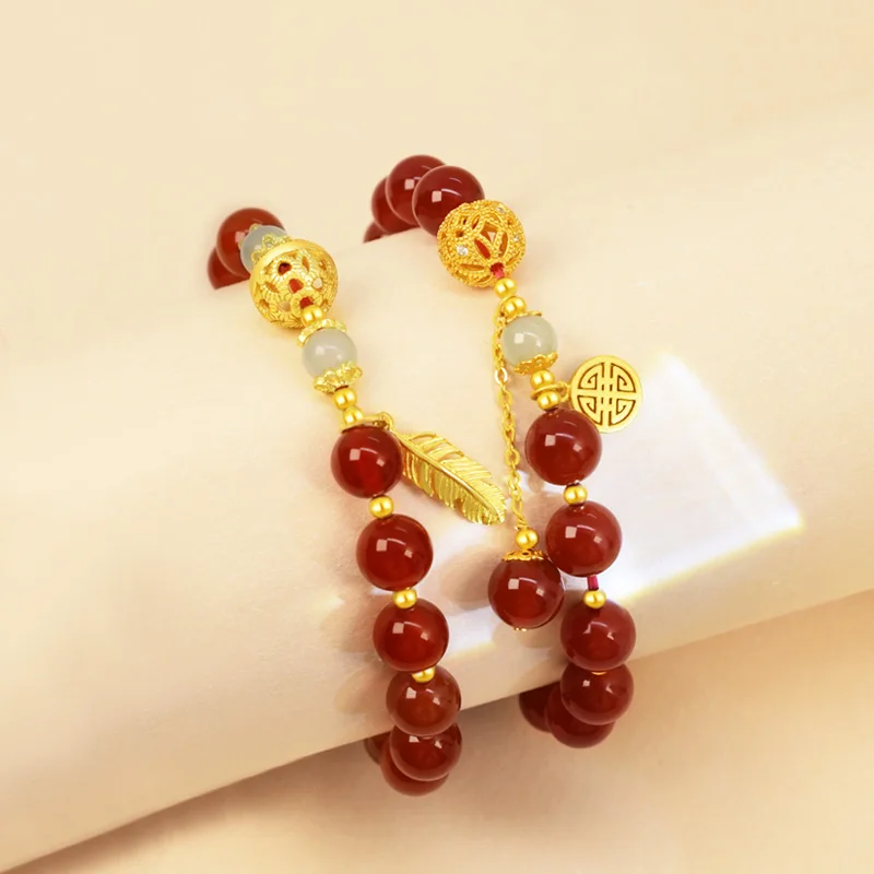 Chinese Style Change Luck S925 Silver Hydrangea Red Agate Bracelet Lucky Beads High-end Jewelry Feather JewelryGuardian Amulet