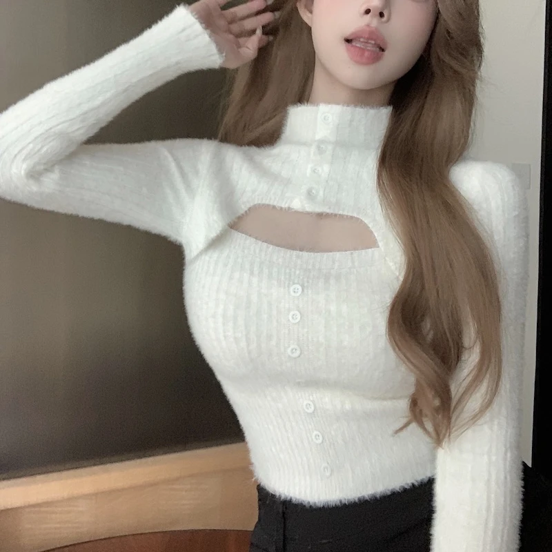 

Mohair Hollow Out Solid Colour Slim Sexy Half High Collar Knitted Long Sleeves Korean Version Women's Knitted Sweater