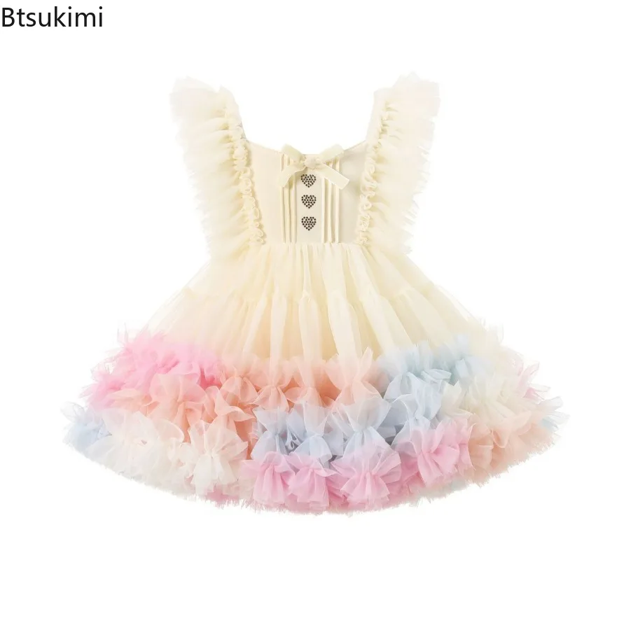 Summer New Fashion Baby Girl's Princess Butterfly Tutu Dress Puff Sleeve Child Tulle Vestido Pageant Party Birthday Kids Clothes