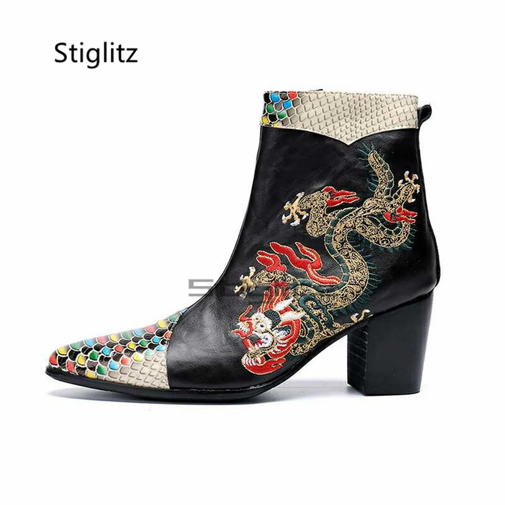 Embroidery High Heels Chelsea Boots Men Patchwork Side Zipper Ankle Boots Handmade Business Dress Wedding Shoes Autumn Winter