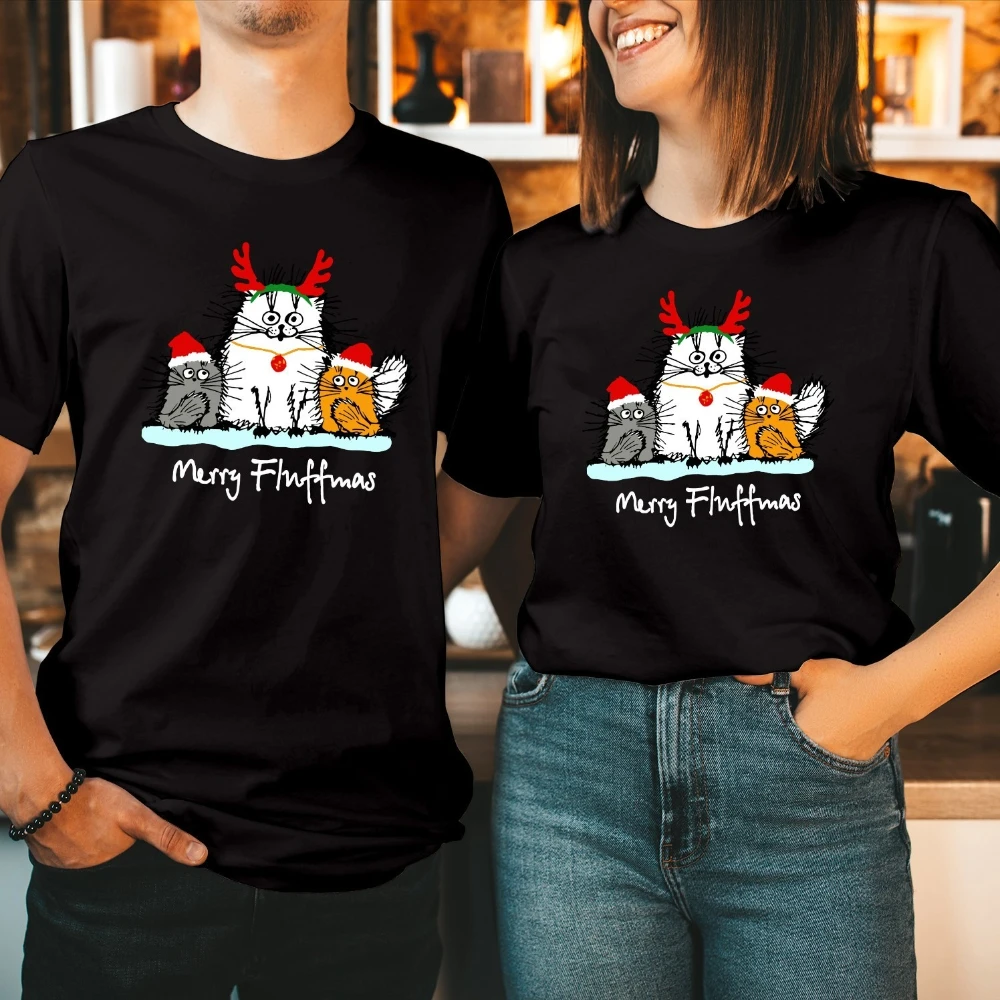 

Merry Fluffmas Santa Hat Reindeer Christmas Shirt Cute Cat Xmas Cotton Unisex Tshirt Fashionable Casual Short-sleev shirt Tops