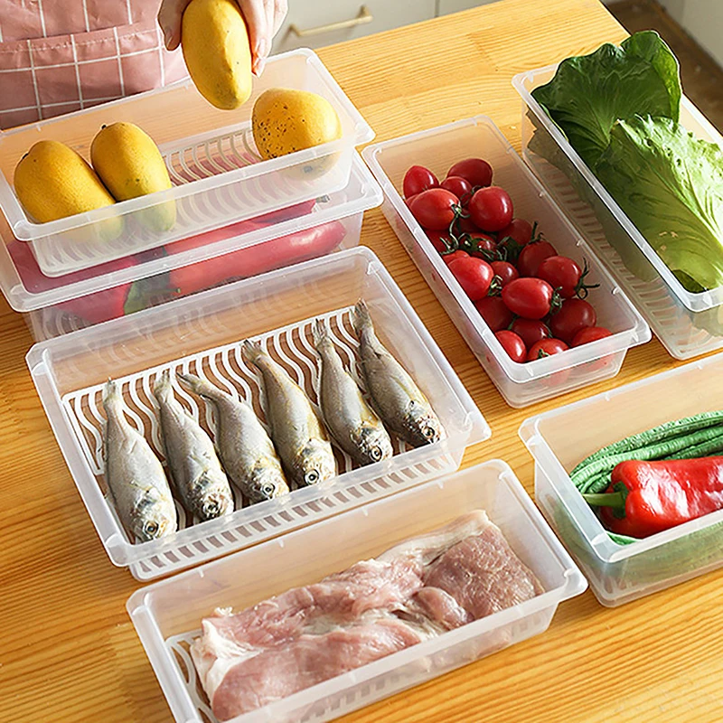 Food Fresh Storage Box Containers Kitchen Fridge Organizer Case Removable Drain Plate Tray For Keep Fruits Vegetables Meat Fish