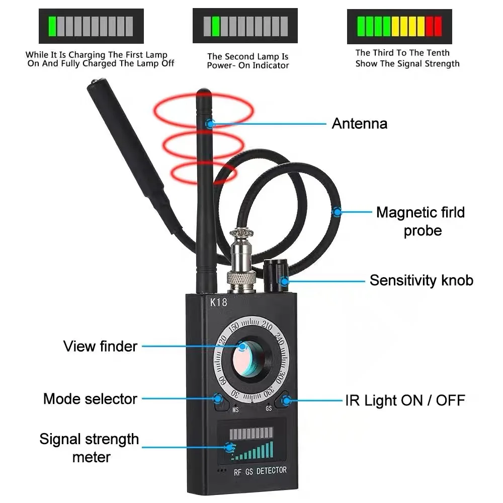 Детектор устройства против прослушивания 1-6,5 ГГц, скрытая камера Wi-Fi, ошибка, анти-GPS-трекер, камера-обскура для отеля/устречи/путешествий, конфиденциальности