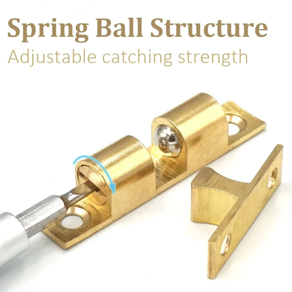 1 Pcs 50mm Spring Ball Latch Solid Brass Adjustable Cabinet Door Catch Furniture Door Closer With Free Screws Gold Nickel Hidden