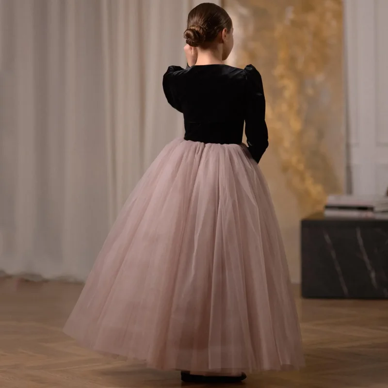 Customized Black Flower Girl Dresses Velvet Tulle Long Sleeve For Wedding Birthday Party Prom Banquet Holy Communion Gown