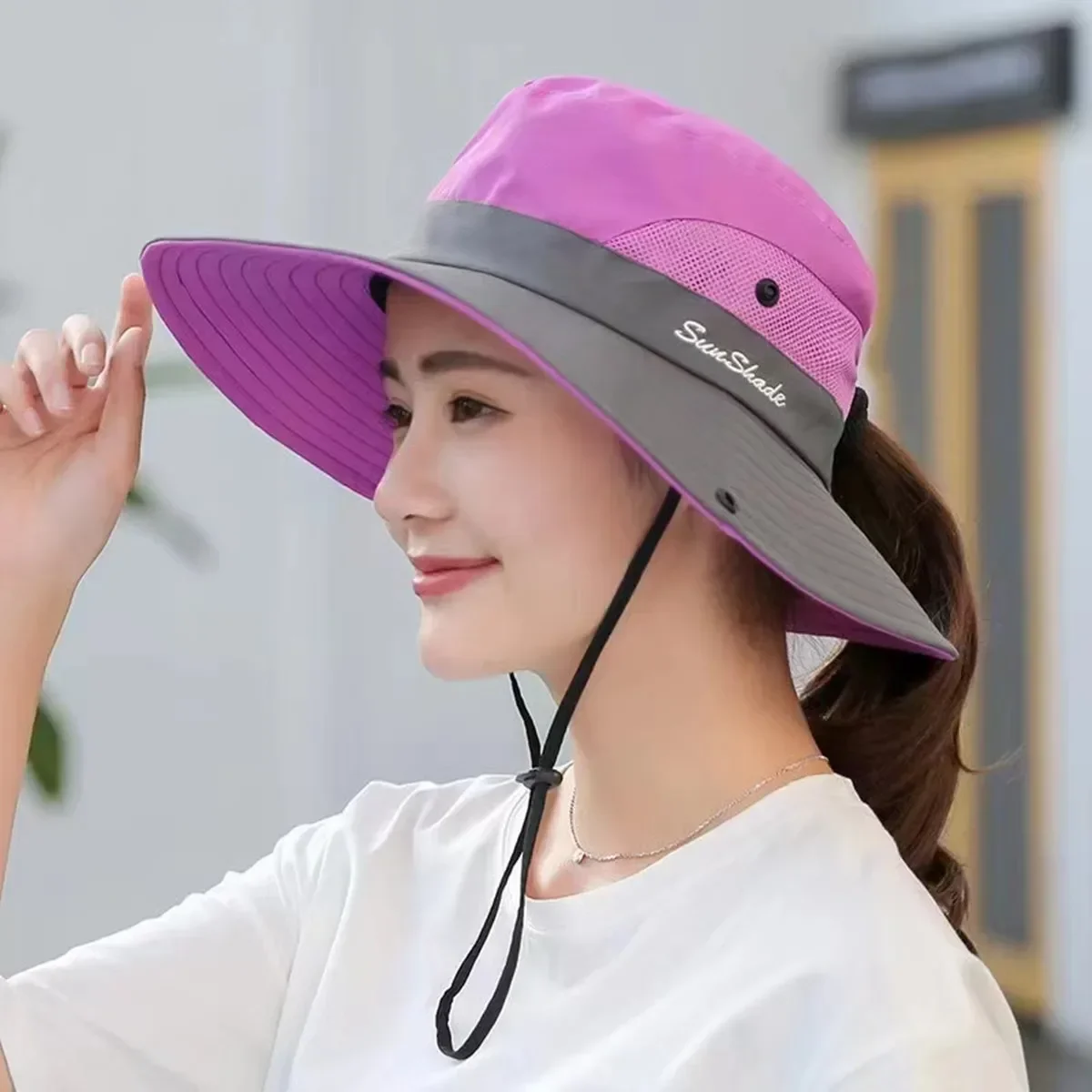Outdoor-Angelhut mit großer Krempe und Pferdeschwanz für Damen, schnell trocknend und Sonnenschutz, perfekt für Strandreisen und Radfahren – Detail 6