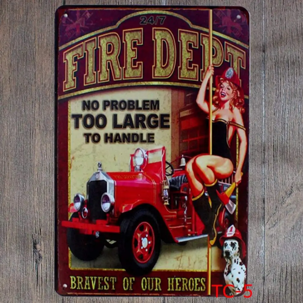 Retro Design Fire Dept Tin Metal Signs Wall Art | Thick Tinplate Print Poster Wall Decoration for Garage