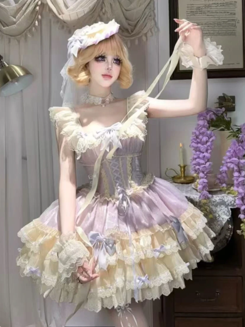 

Sweet Lolita Dress Set Women Elegant Vintage Lace Ruffle Princess Kawaii Outfits Japanese Style Party Formal Fashion Trendy 2026