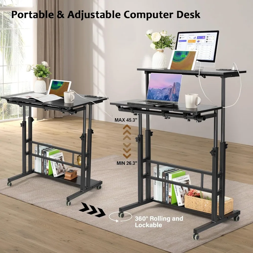 Altura ajustável Stand Up Desk, Mesa de rolamento, Mesa móvel com rodas e estação de carregamento, Mesa portátil