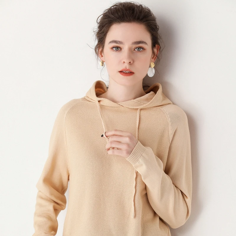 Women‘s Hooded Clothing Spring And Autumn Long Sleeved Fashion Casual Versatile Tops  Knitted Pure Cotton Hooded Collar Pullover