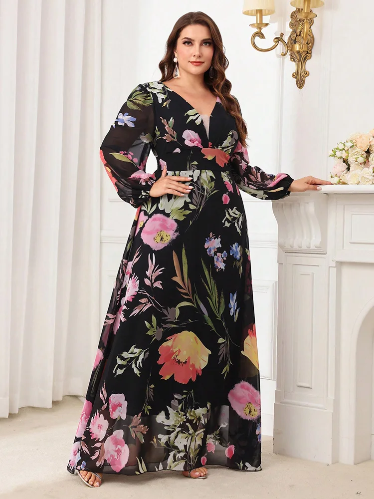 TOLEEN 2024 Neue Frauen Plus Größe Floral Bedruckte V-ausschnitt Langarm Kleid Sommer Frühling Casual Elegante Party Urlaub Maxi Kleider